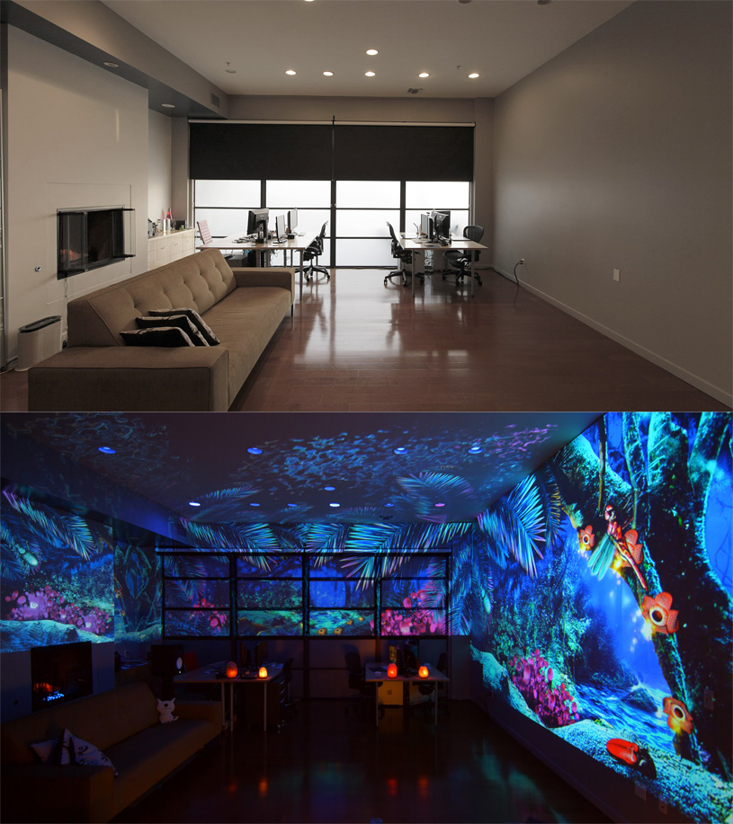 Интерьерный видеомэппинг — проецирование внутри помещения на стену, пол и потолок, позволяющее создавать интересные иллюзорные интерьерные решения