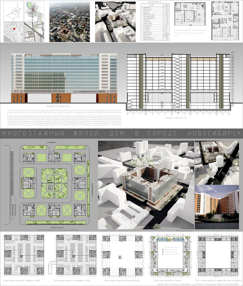 Проект многоэтажного жилого дома в Новосибирске. НГУАДИ (НГАХА). Архитекторы: Губин А.Г., Карадина Л.А. (руководитель)