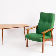 Журнальный столик, кресло. 1960-е. ДСП, массив дерева, обивочная ткань