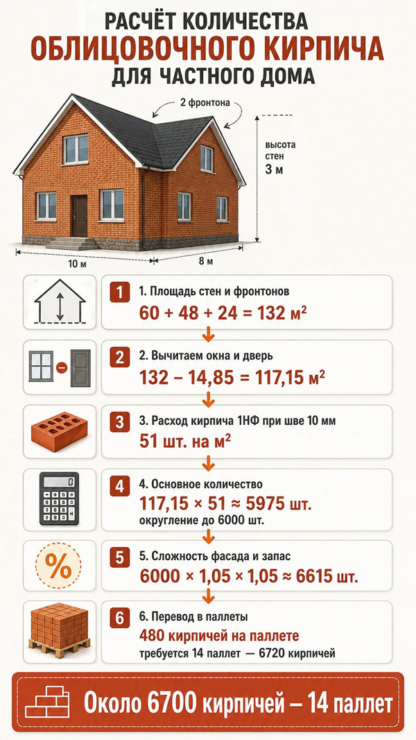 Пошаговая схема расчета количество кирпича для облицовки фасада