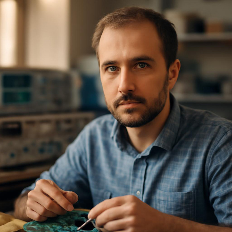 Дмитрий Соколов — портрет инженера-электроника в лабораторной обстановке