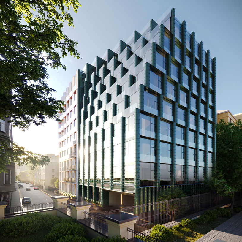 ЖК Большой Палашевский от Sminex на Патриарших прудах. Вид на дом со стороны школы