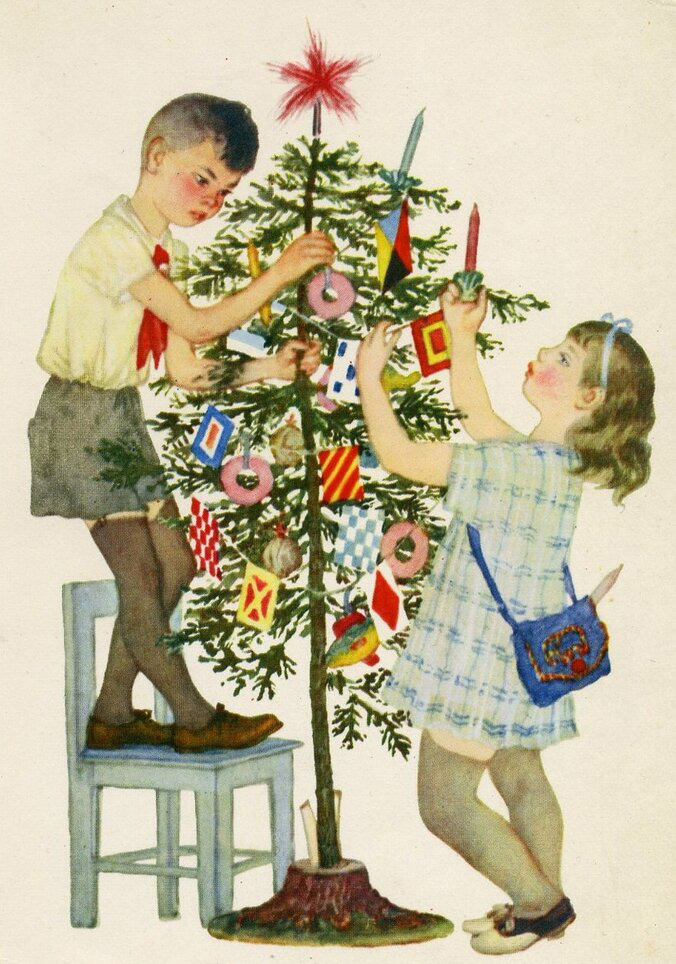 Советский новый год. Советские открытки. Новый год советские открытки. Советские дети наряжают елку.