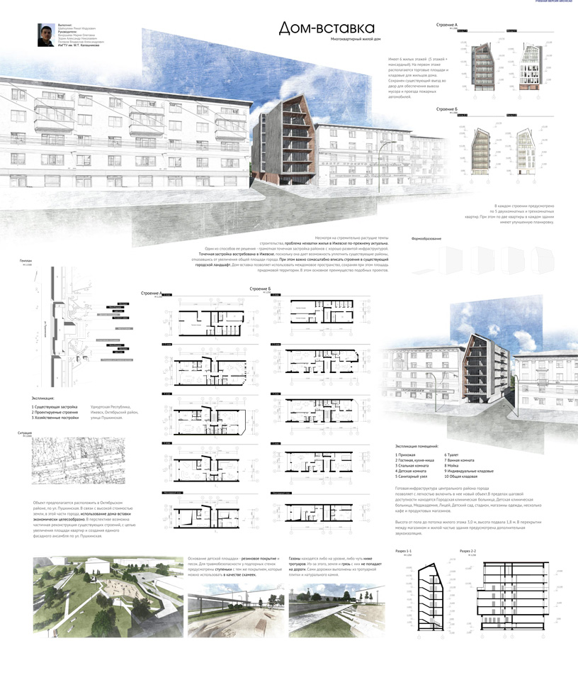 Многоквартирный жилой «Дом-вставка». Курсовой проект. ИжГТУ им. М.Т. Калашникова. Архитекторы: Шайхуллин Ринат, Вахрушева Мария; Зорин А.Н., Поляков В.А. (руководители)