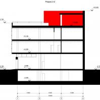 Концептуальный проект общественного здания «RED WALL». Разрез. Архитектор: Сергей Косинов. Новосибирск