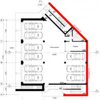 Концептуальный проект общественного здания «RED WALL». План 1-го этажа. Архитектор: Сергей Косинов. Новосибирск